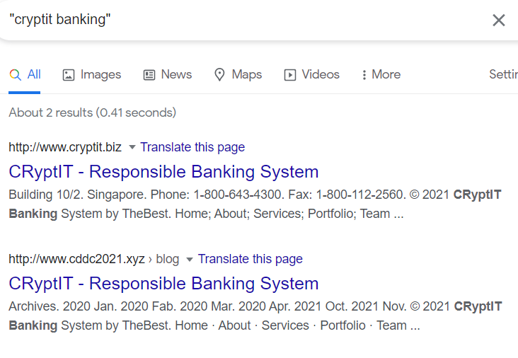 Google search result for 'CryptIT Banking' is a website
