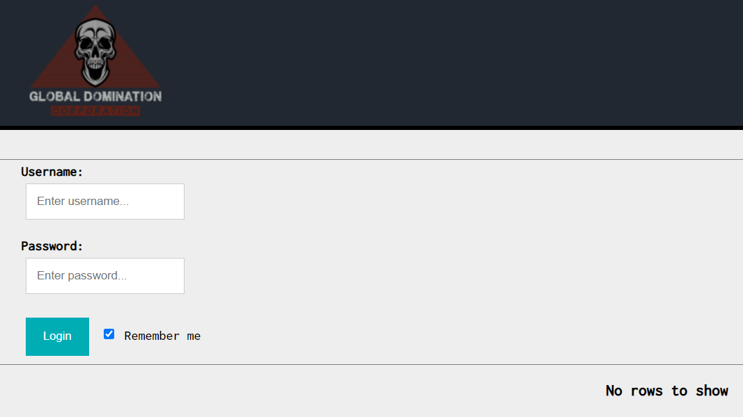 Login form on website with 'no rows to show' error message