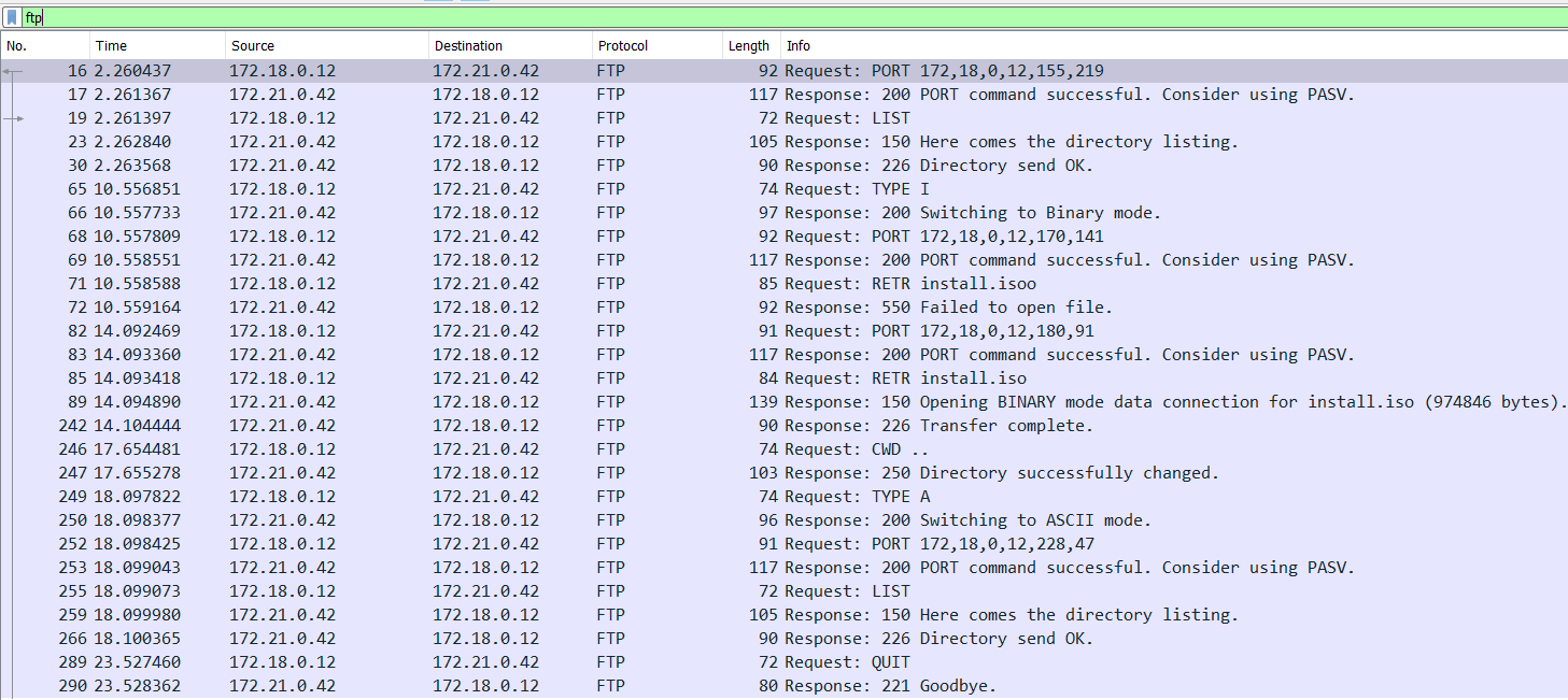 Applying 'ftp' display filter to see FTP commands and responses