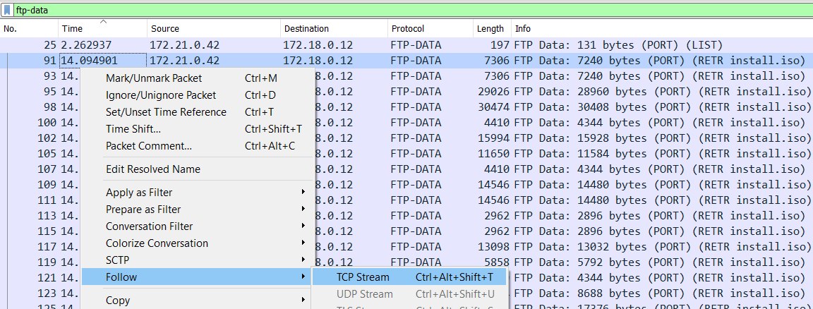 Applying 'ftp-data' display filter and following TCP stream of the packets making up 'install.iso'