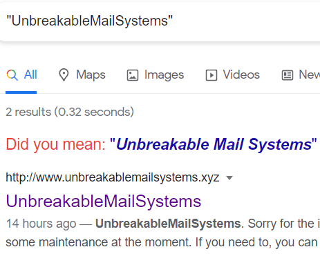 Google search result for 'Unbreakable Mail Systems' is a website