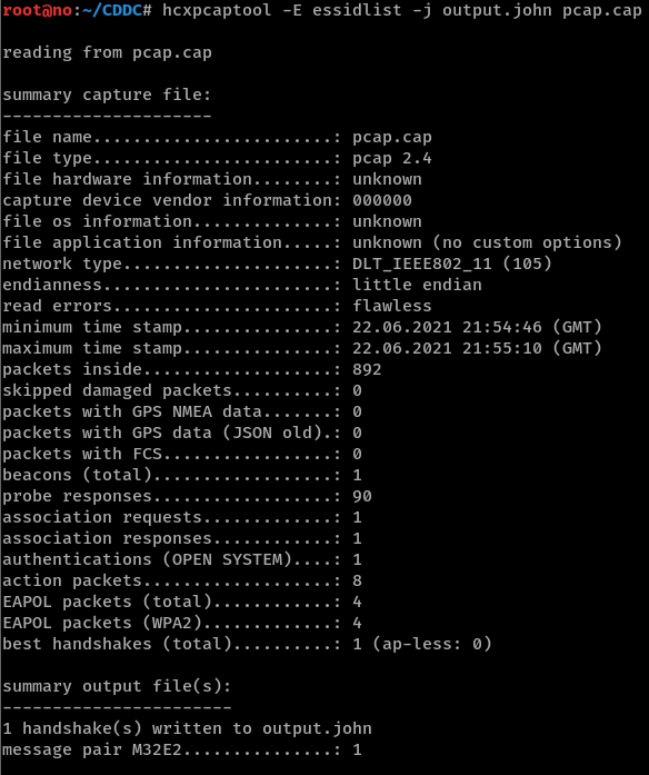 hcxpcaptool reads the capture file and outputs the WPA handshake to a file for cracking