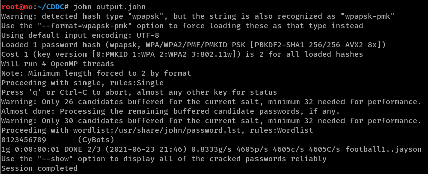 John the Ripper cracks the WPA password to be 0123456789