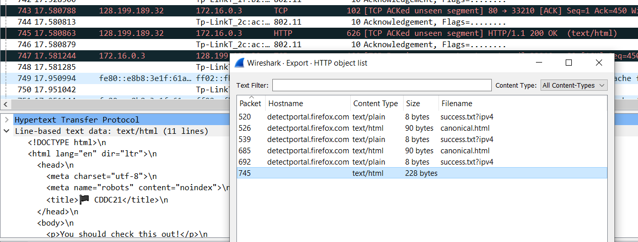 Wireshark's HTTP object list shows single HTML webpage response of 228 bytes from an unknown hostname