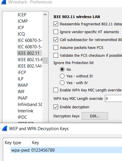 Entering wpa-pwd decryption key for the IEEE 802.11 protocol in Wireshark's preferences