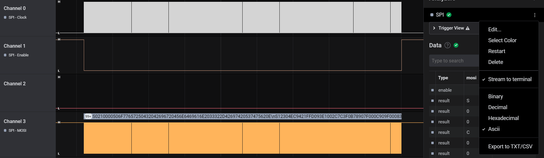Turning on ASCII output for SPI Analyzer in Saleae Logic 2