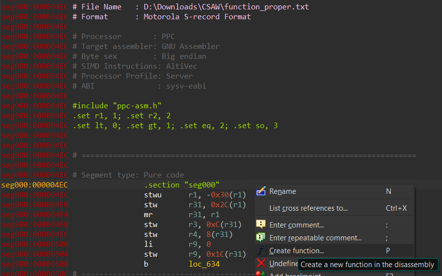 Creating function at start of disassembly in IDA Pro