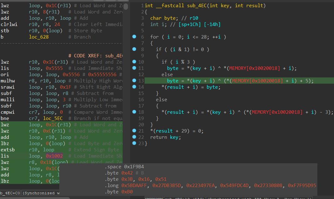 Decompiled function block shows XOR routine in IDA Pro
