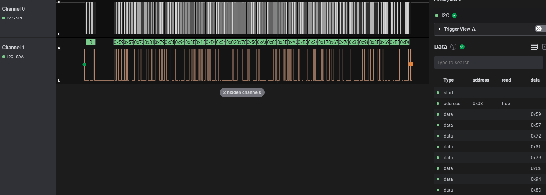 Hex data for I2C communication in 'key.sal' in Saleae Logic 2
