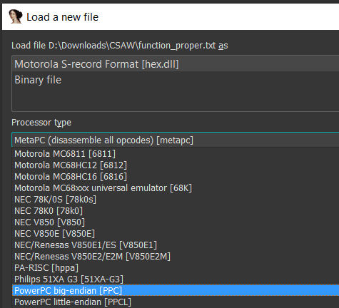 Selecting PowerPC big-endian processor type in IDA Pro