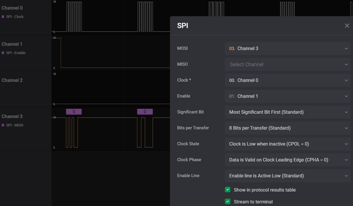 SPI Analyzer configuration for 'capture.sal' in Saleae Logic 2