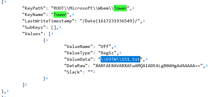 Searching for Tower in the registry hive JSON file