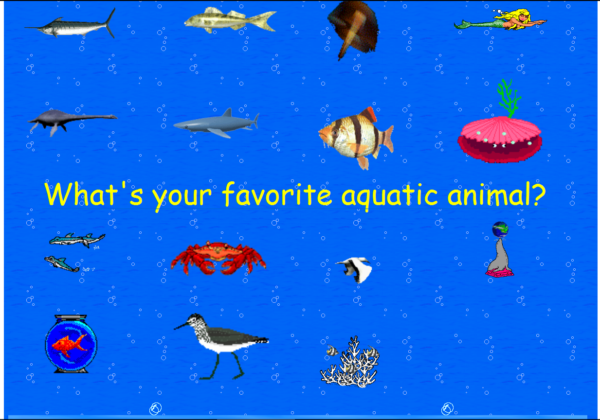 Aquatic animals on a blue background with 'What's your favourite aquatic animal?' in text