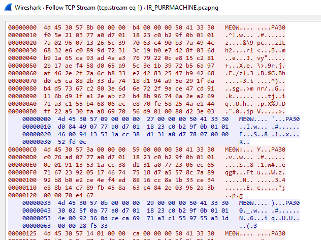 Back-and-forth PA30 files between client and server in TCP stream hexdump in Wireshark