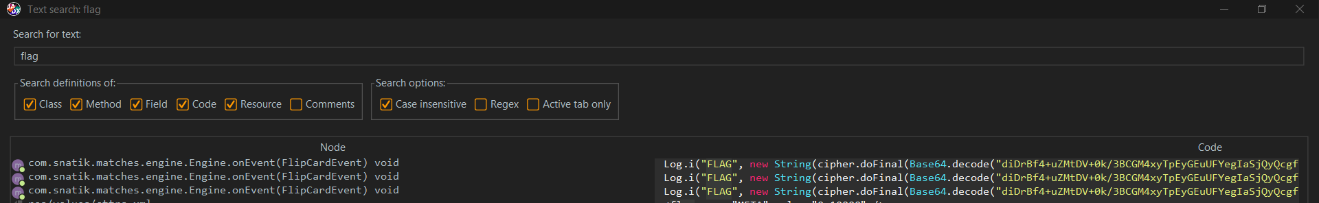 Text search for 'flag' in JADX