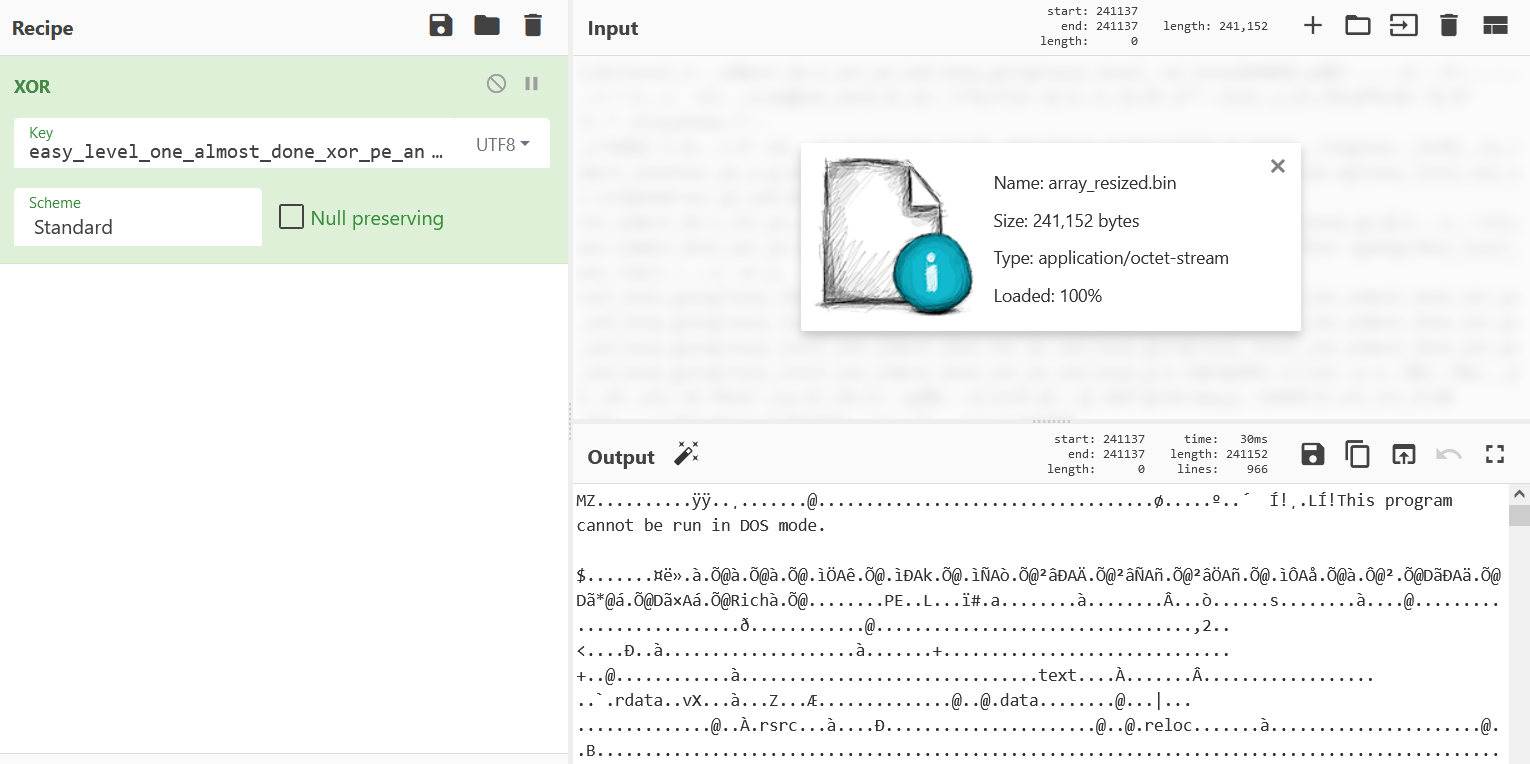 XORing extracted array with password in CyberChef gives a PE
