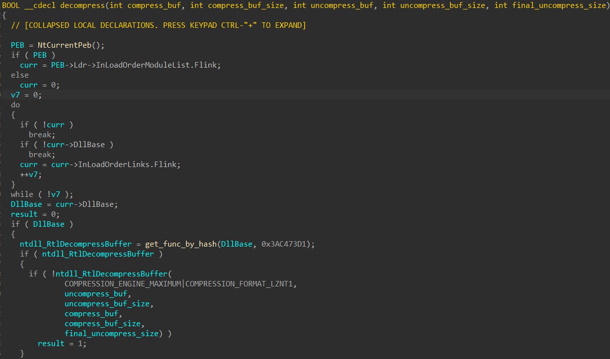 decompress function in IDA where ntdll_RtlDecompressBuffer is used with maximum LZ compression setting