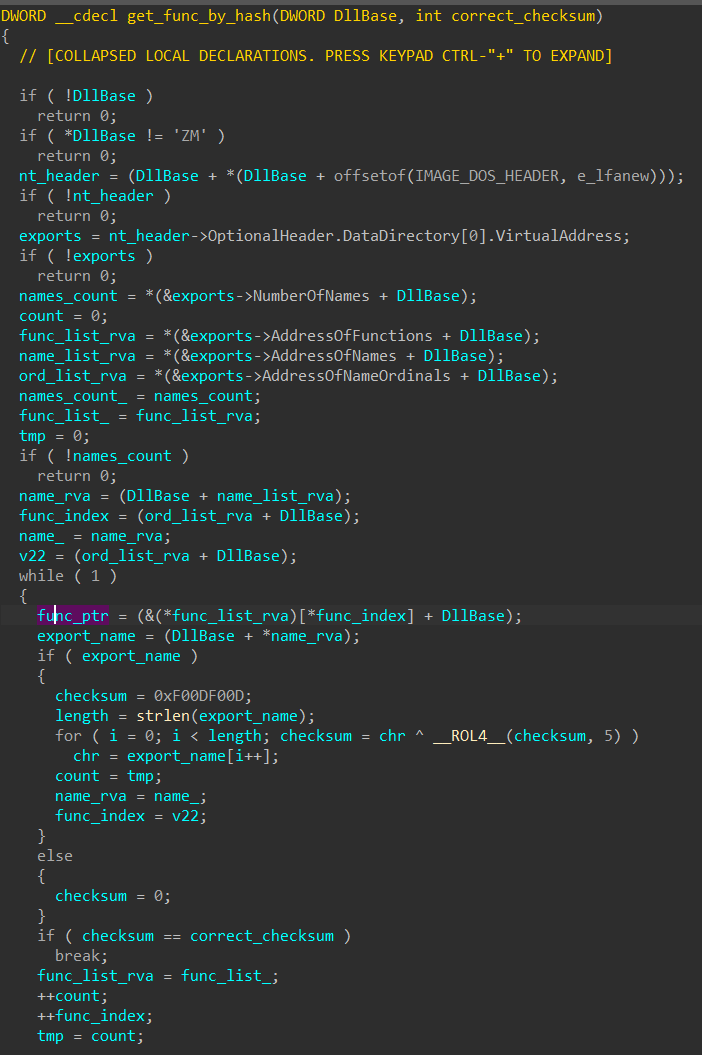 get_func_by_hash function in IDA where the export directory is traversed