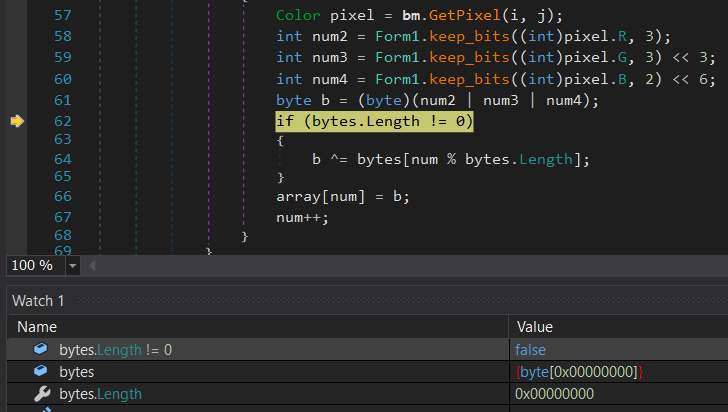 dnSpy's Watch view shows that input length is zero so extracted byte will not be XOR'd