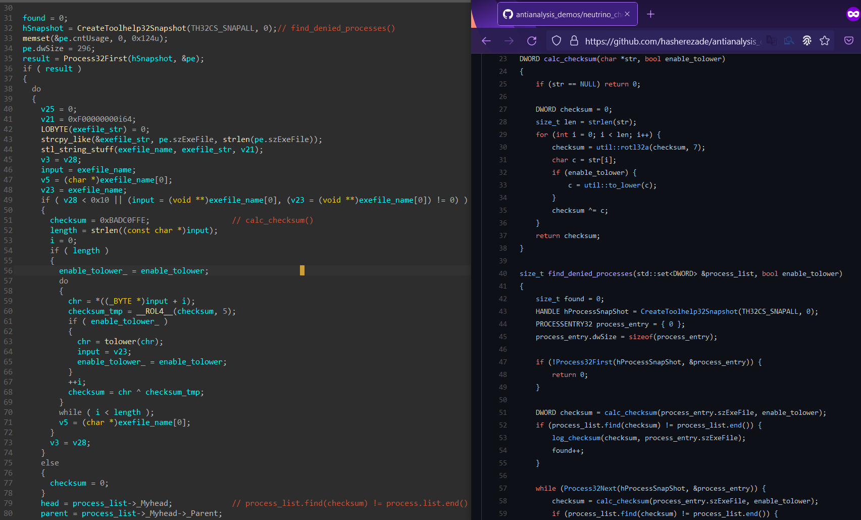 Side-by-side comparison of find_denied_processes function in IDA and in GitHub shows striking similarity