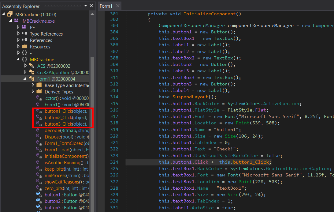 Decompilation in dnSpy shows 3 on-click event handlers in Form1