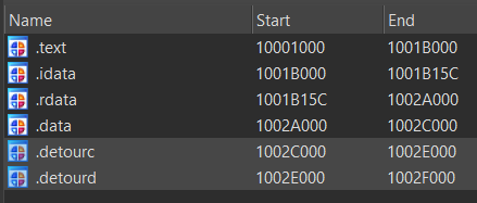 Segments viewed in IDA shows .detourc and .detourd