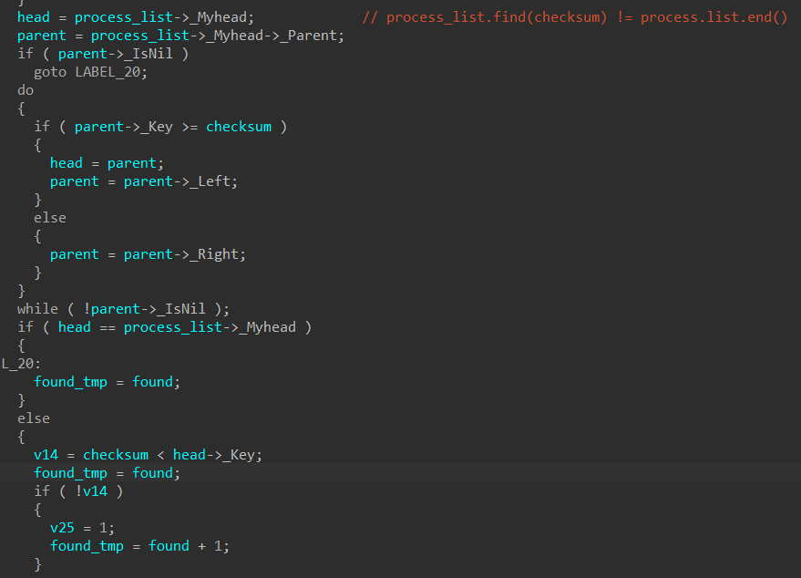 Pseudocode for set .find and .end methods made more readable with custom structure in IDA