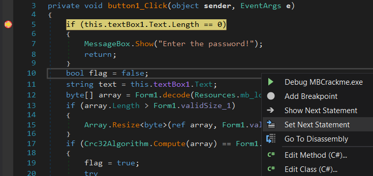 Hitting breakpoint at input length check in dnSpy and setting next statement to skip it