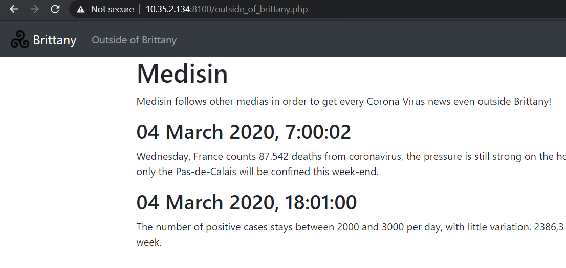 Coronavirus news website at 10.35.2.134:8100 fetching medical news outside of Brittany