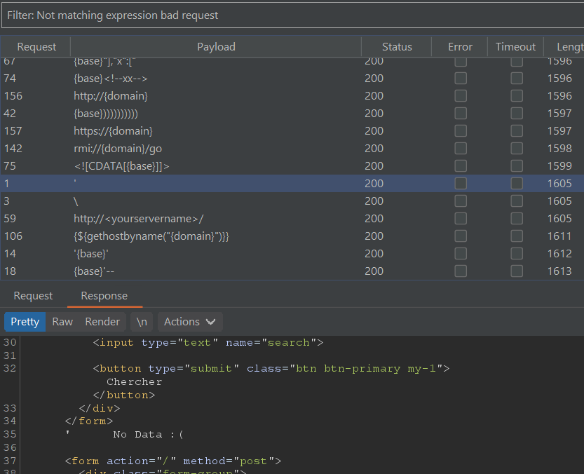 No Data error message when payloads have single quotes