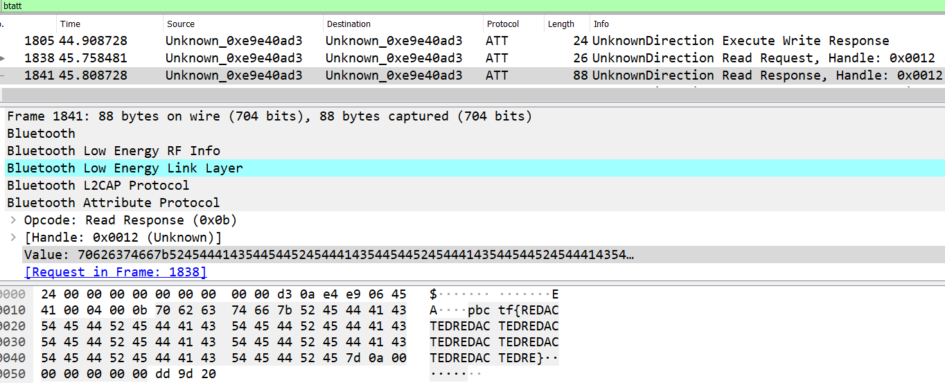 ATT Read Response packet containing redacted flag in Value attribute in Wireshark