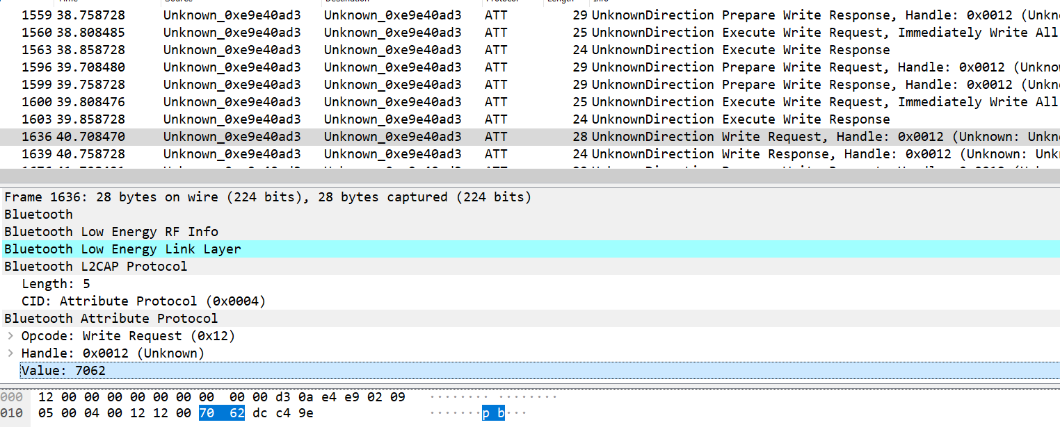 One standard Write request for letters 'pb' in Wireshark