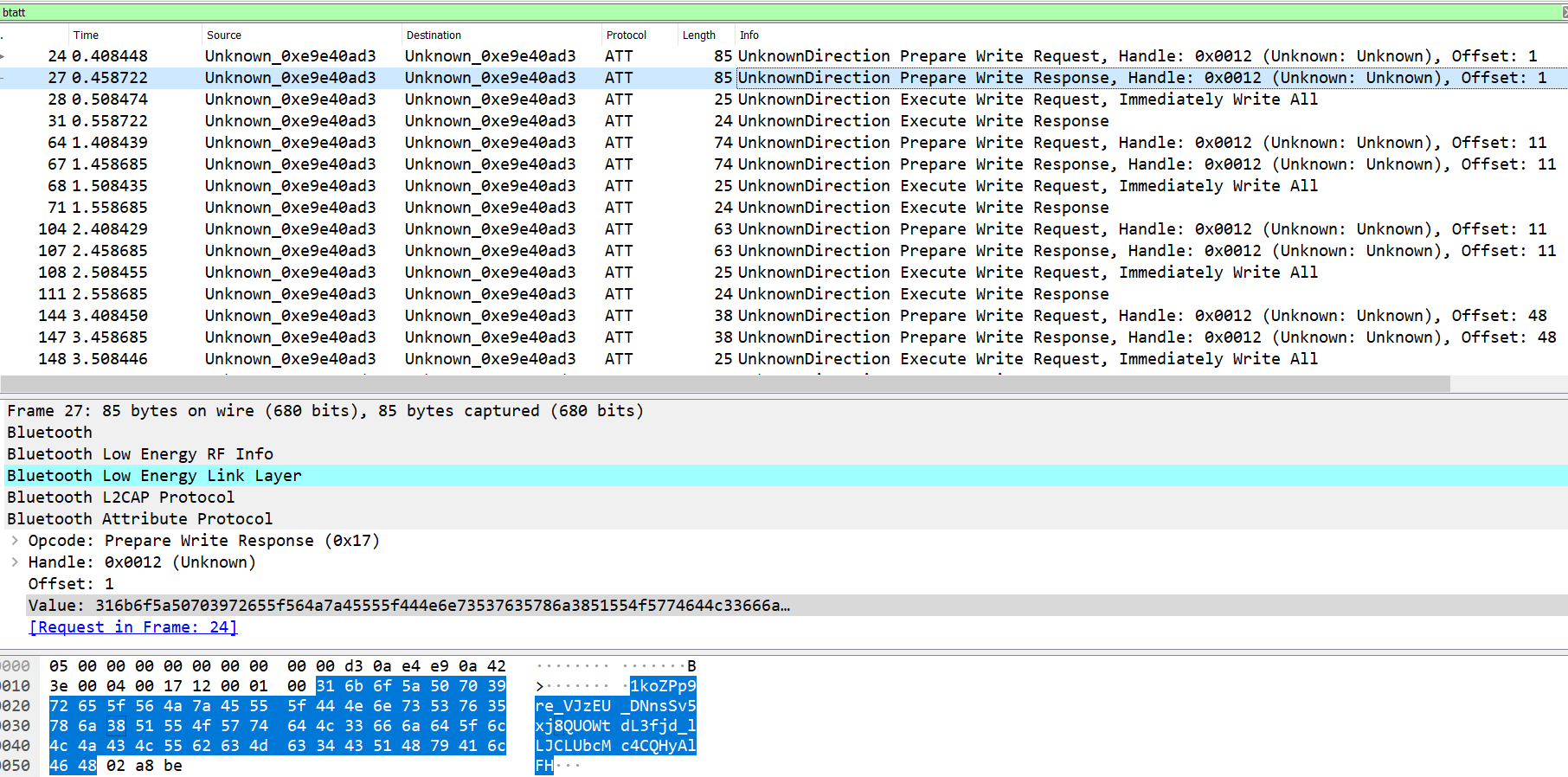 Many Prepared Write Request/Responses containing long strings in Value attribute in Wireshark