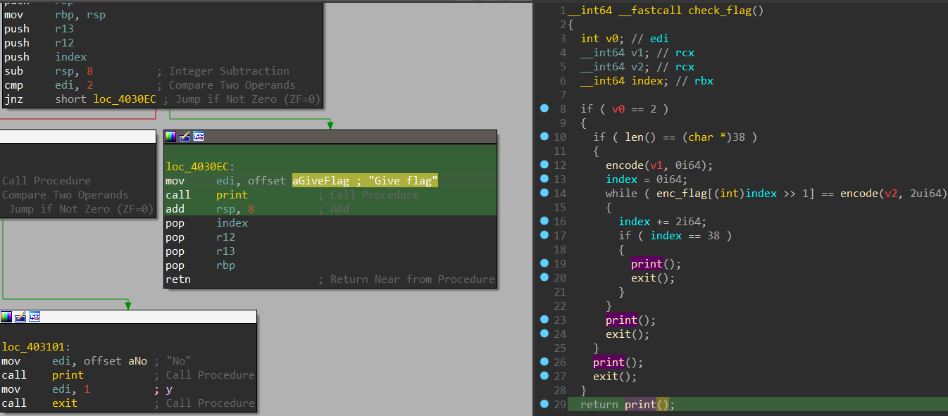 Flag-checking related strings all cross-referenced by the same subroutine 'sub_403066' in IDA