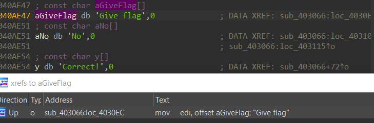 Flag-checking related strings all cross-referenced by the same subroutine 'sub_403066' in IDA