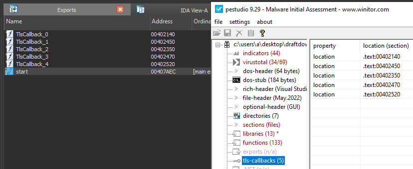 5 TLS callbacks detected by IDA Pro and pestudio