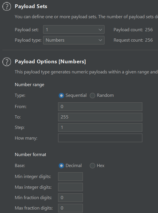 Burp Intruder 'number' payload type from 0 to 255