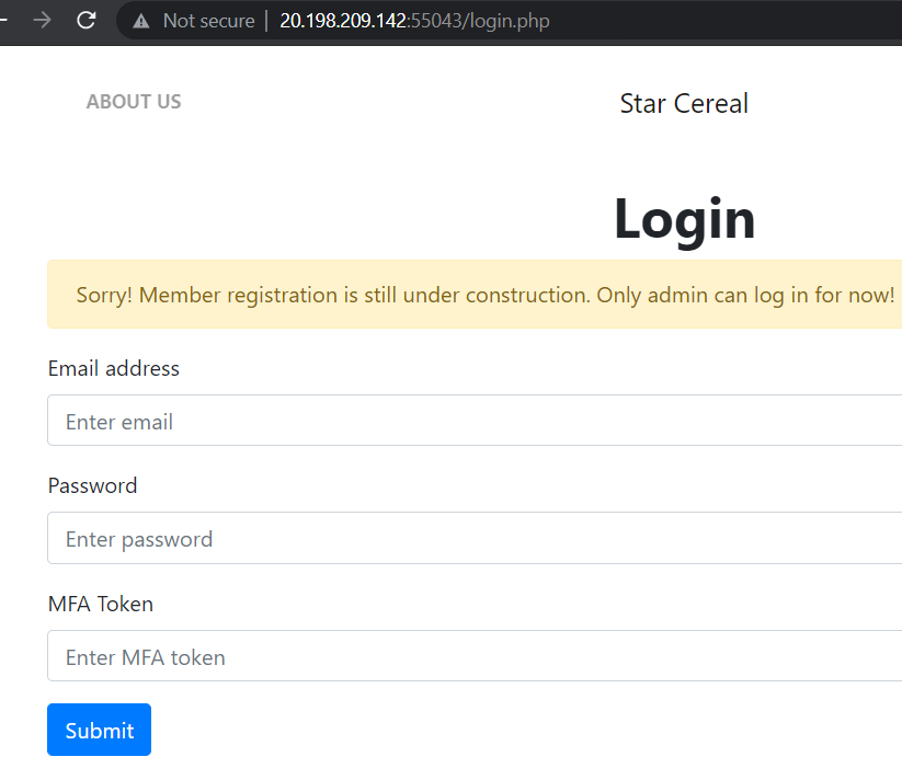 Star Cereal login page with fields for email address, password, and MFA token'