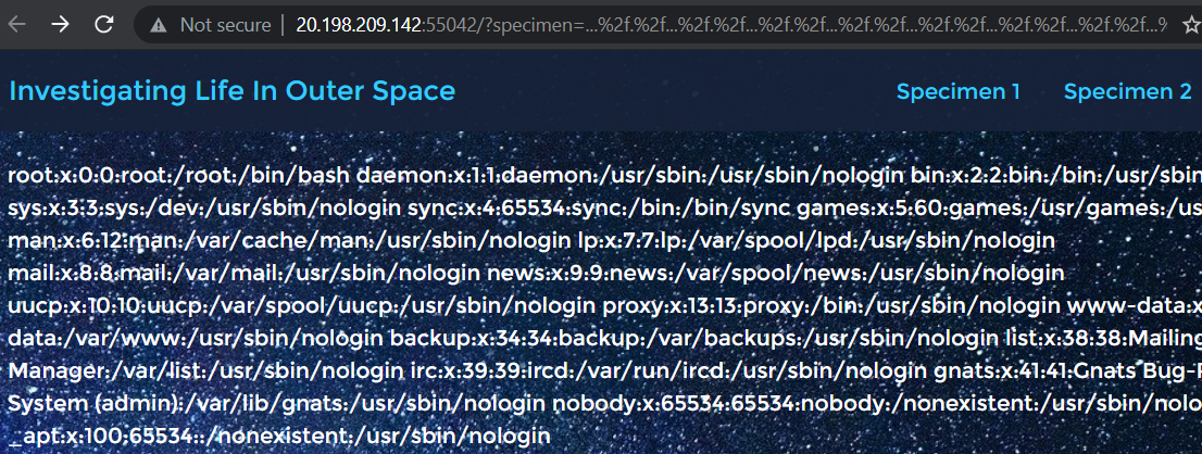 LFI exposes '/etc/passwd' on Specimens server'