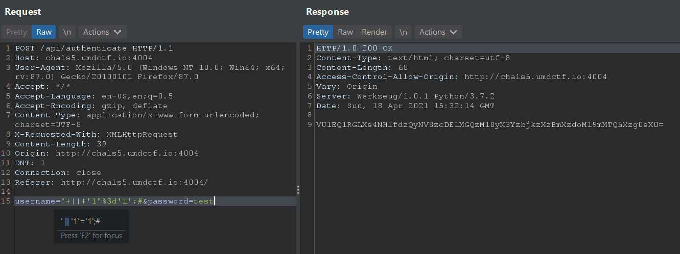 Malicious username input bypasses authentication and gets base64-encoded as response in Burp Suite