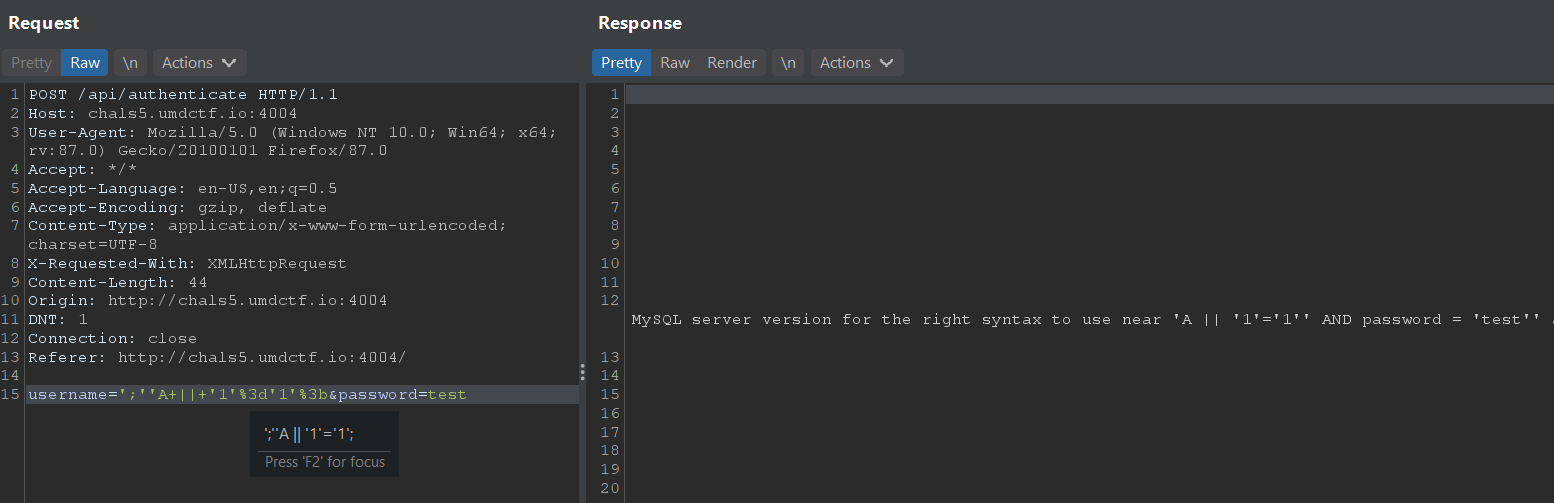 Pipe character '|' in input does not disappear from error output in Burp Suite