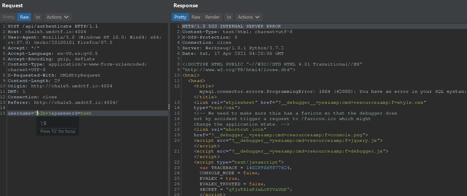 MySQL syntax error response with malformed username input in Burp Suite