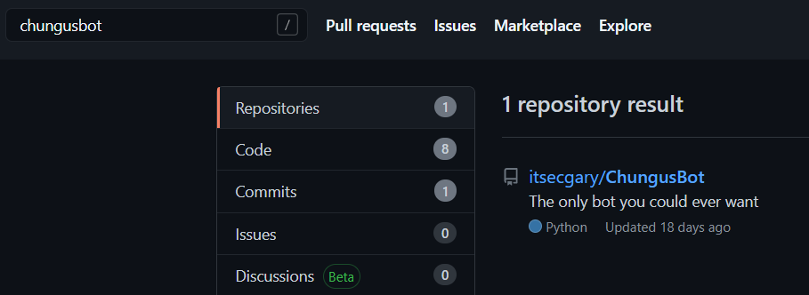 Github search for ChungusBot returns 1 result