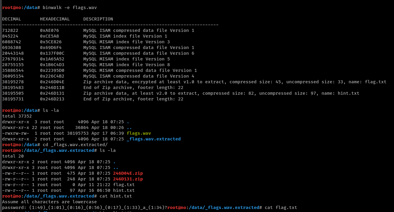 binwalk extracts zip and txt files from flags.wav