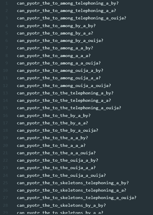 Password combinations generated from python script