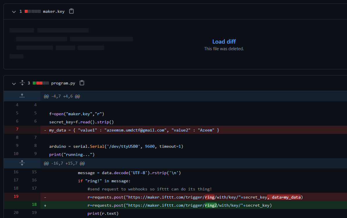 Github commit showing removal of plaintext maker.key and modification of IFTTT ring endpoint
