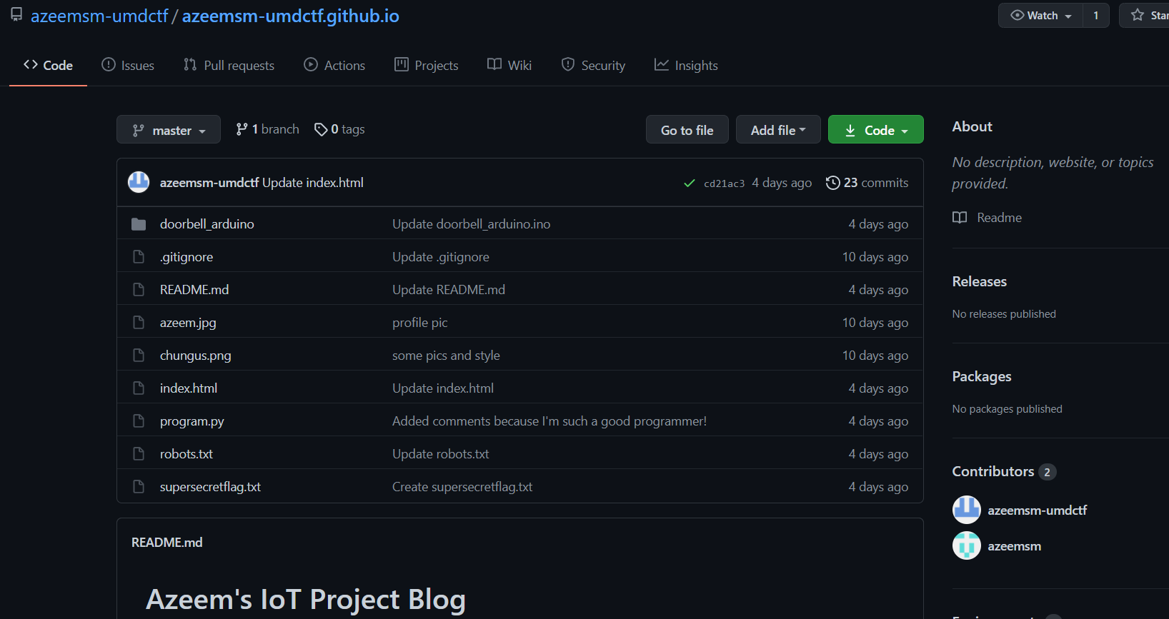 Azeem's Github repository containing code for his doorbell IoT project
